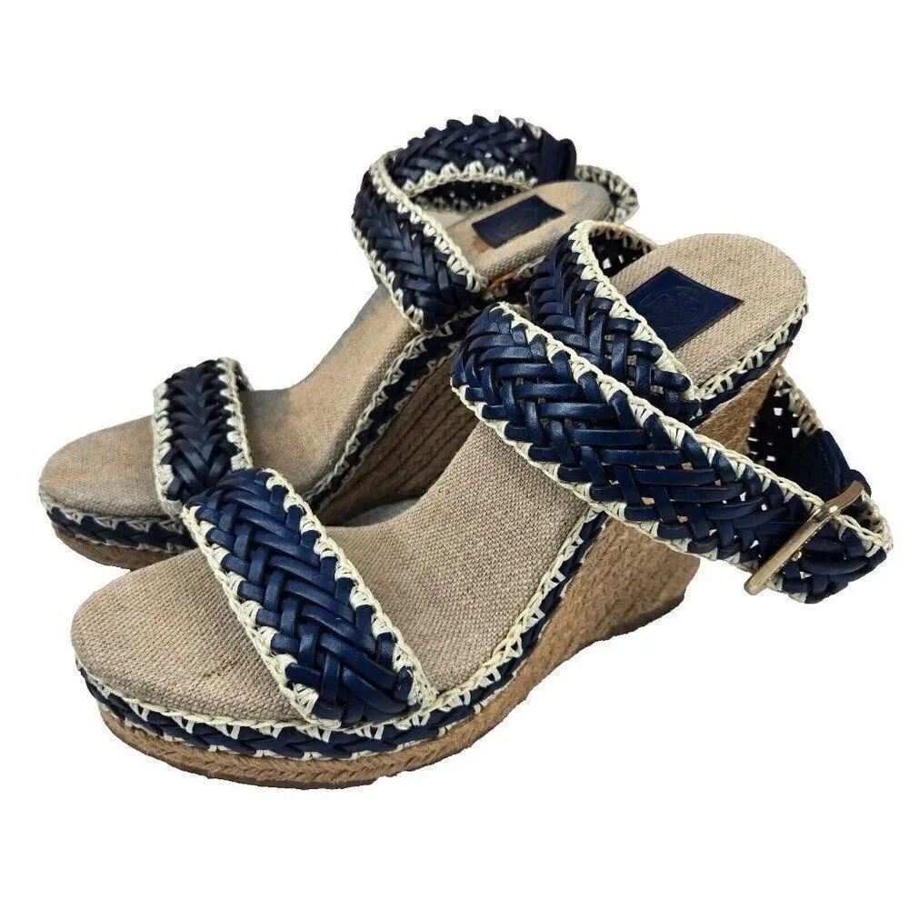 Tory Burch Lilah Wedge Espadrille Sandals Size 37.5 Us 7 Blue White